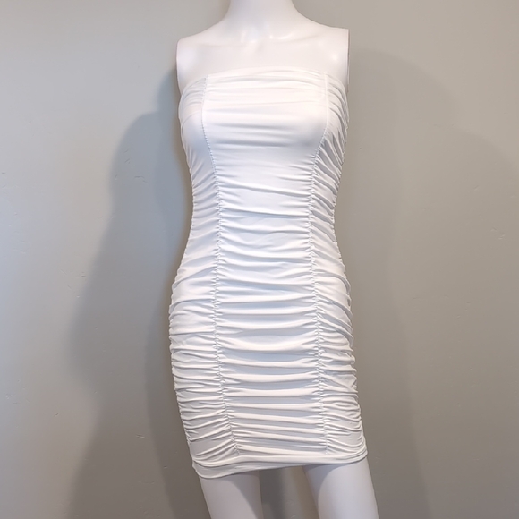 SHEIN Dresses & Skirts - SHEIN White Strapless Bodycon Ruched Mini Dress Size Small